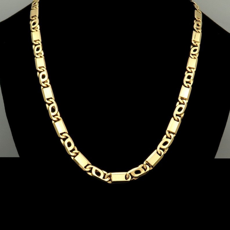 14K Yellow Gold Tiger Eye Link Chain 24 Inches 7MM Width Solid Gold