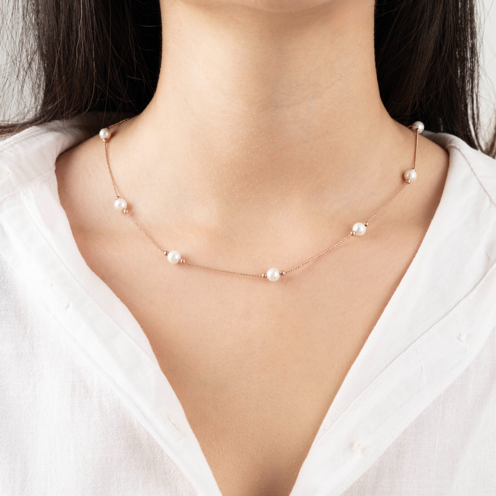 14k Gold Pearl Bead Necklace, Pearl Station Necklace, Pearl Necklace for Women