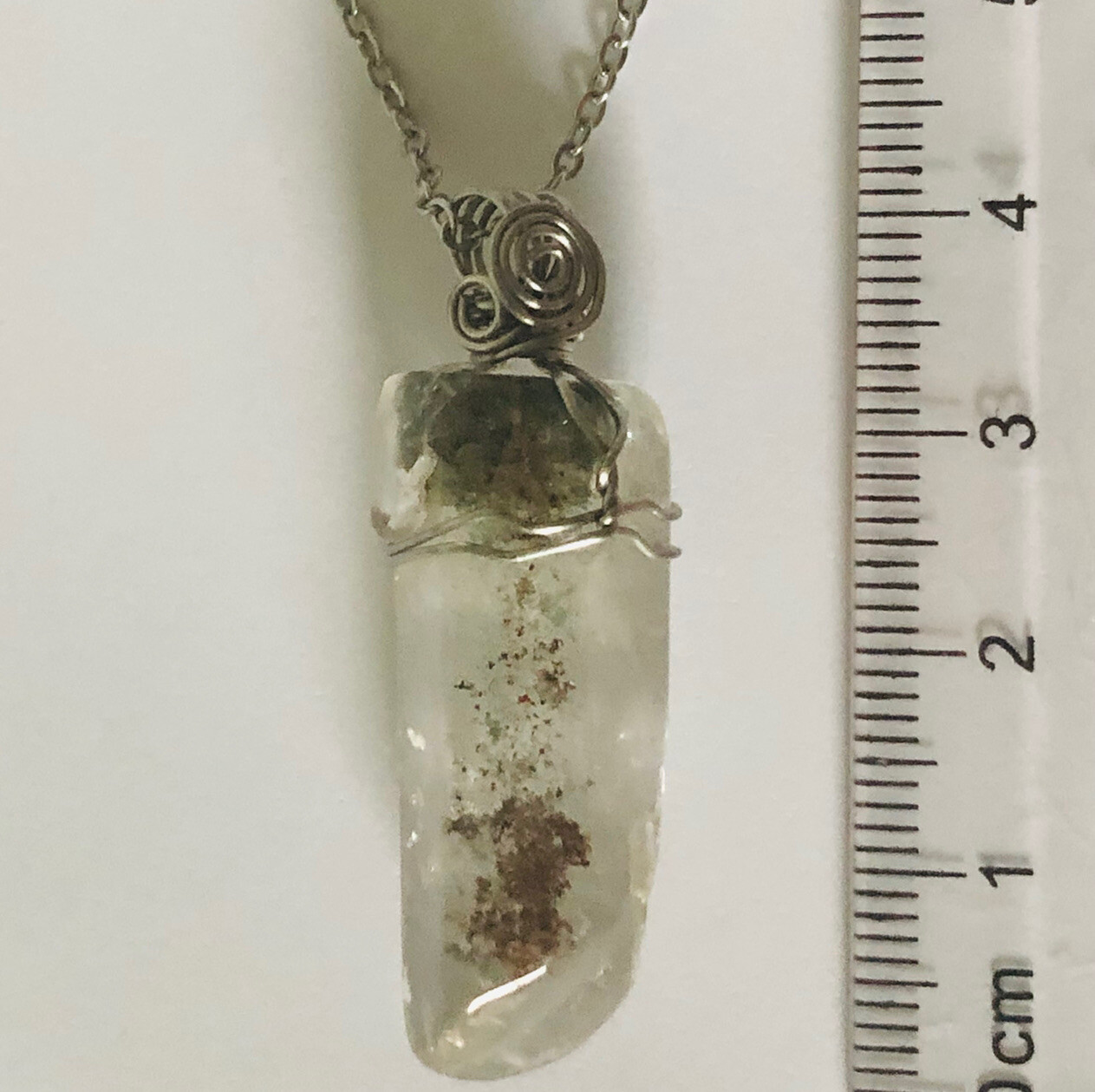 Green Phantom Quartz Crystal Point Wire Wrapped Pendant Necklace