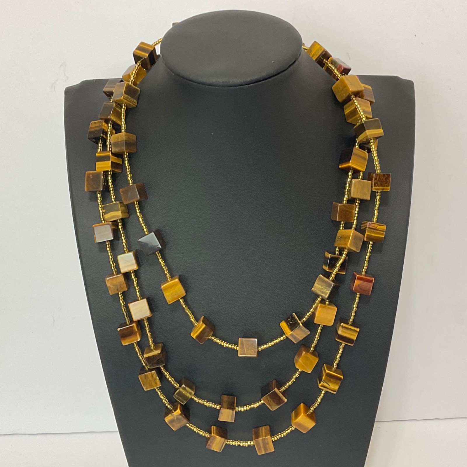 Genuine Tiger’s Eye Cube & Golden Bead Necklace Sterling Silver Toggle 64″ Long