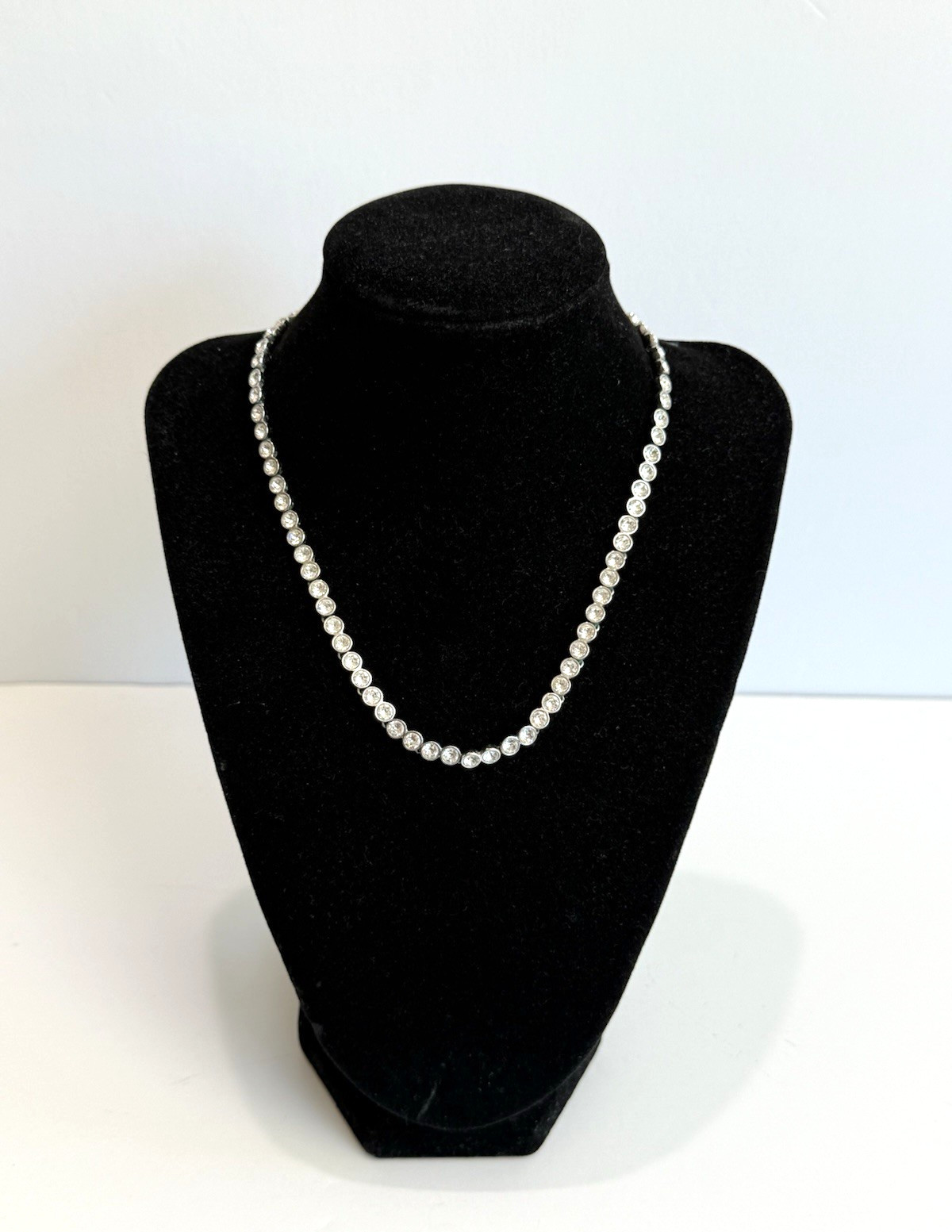 SWAROVSKI Clear Crystal Silver Plated Tennis Necklace Bezel Choker Signed 16″