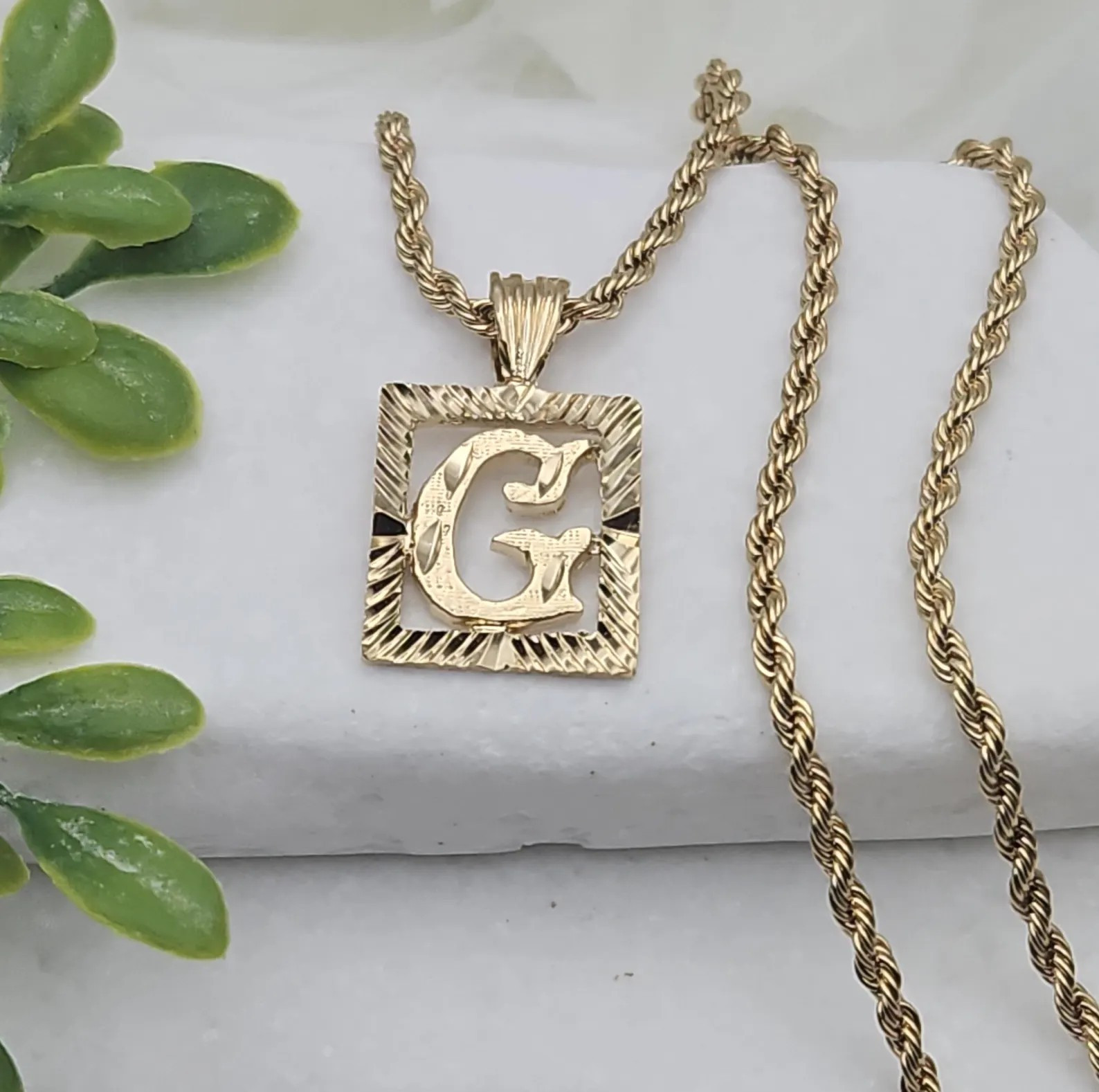 Gold Initial Necklace, 14k Heavy Plated Gold, 3mm Rope Style Chain