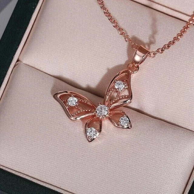 Lab Grown 1.50ct Diamond Butterfly Women’s Pendant Chain In 14k Rose Gold Plated