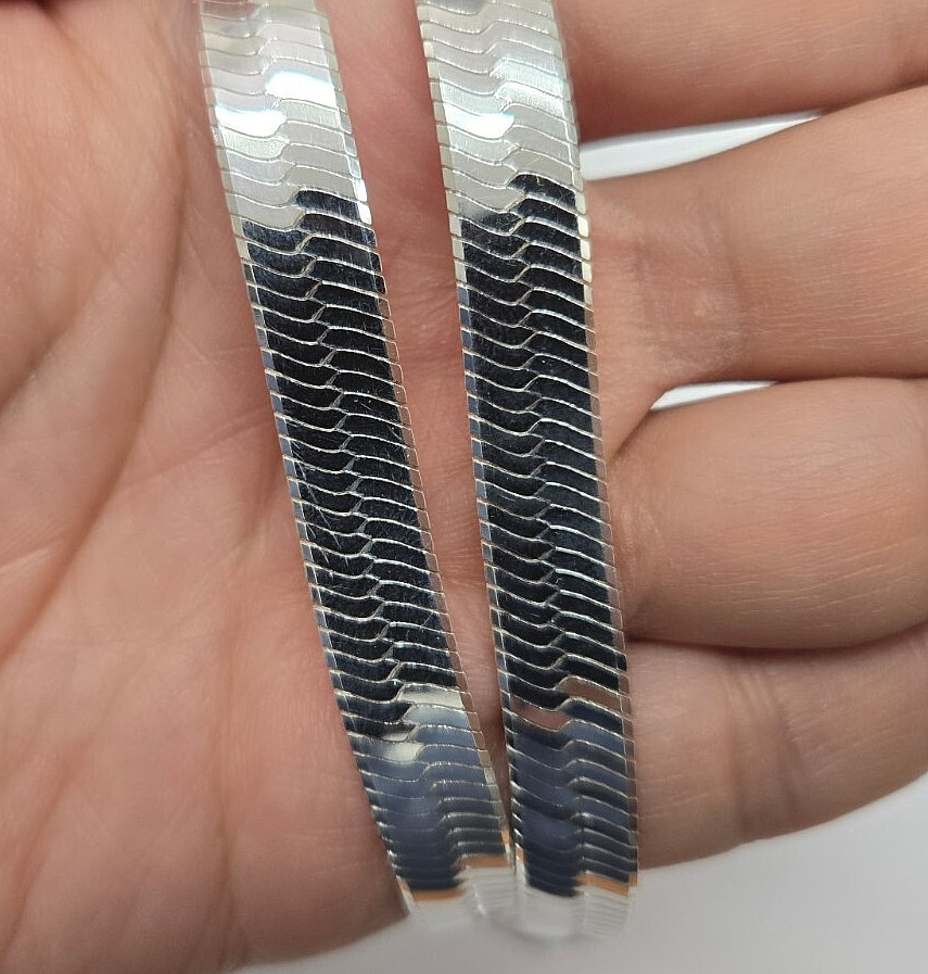 925 Sterling Silver Thick Beveled Edges Herringbone Chain Necklace 9mm 7″ to 30″