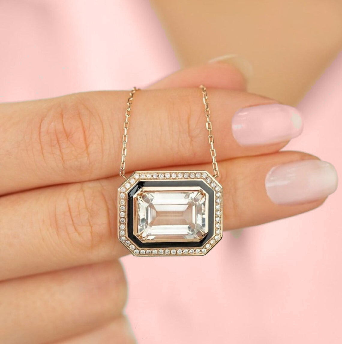 East – West 3 Ct Emerald Cut White Moissanite Halo Pendant 10k Solid Yellow Gold
