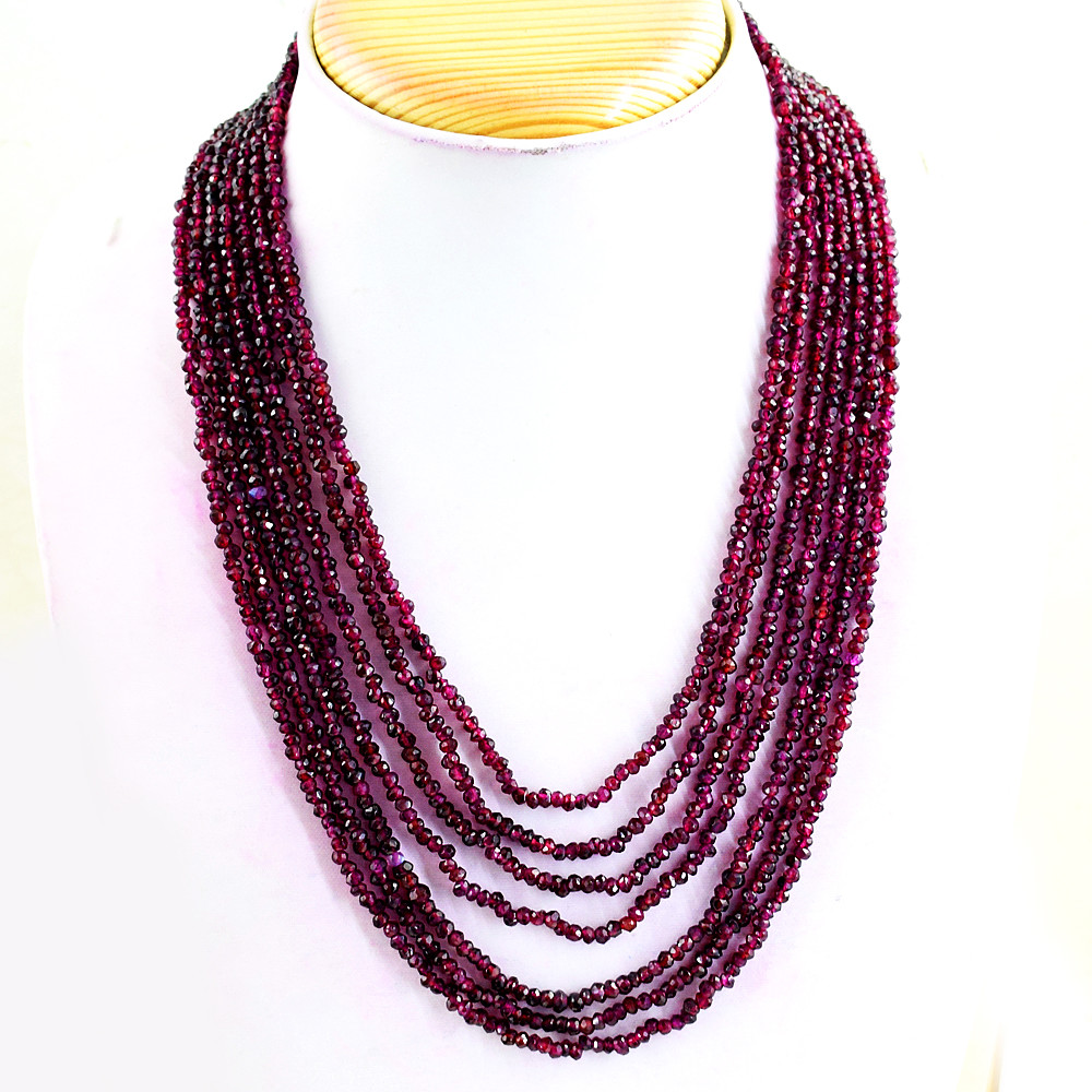 350.00 Cts Natural 7 Strand Red Garnet Round Faceted Beads Necklace- NK 27 MJ6