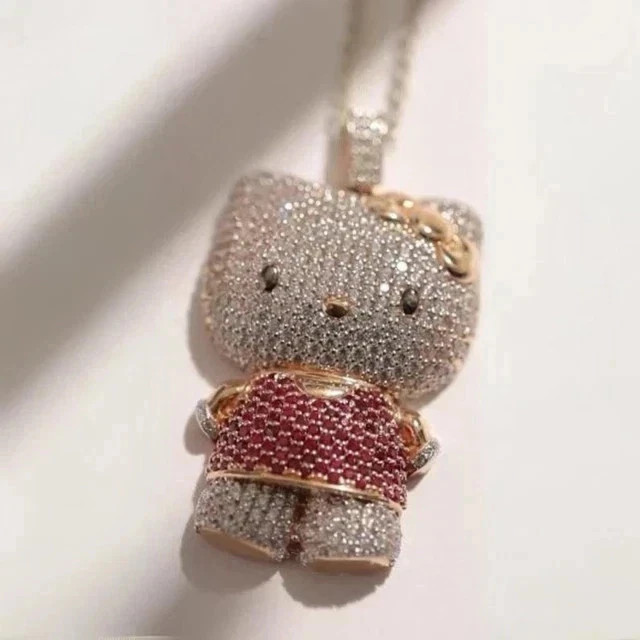 2.60Ct Round Cut Real Moissanite Hello Kitty Pendant 14K Yellow Gold Plated
