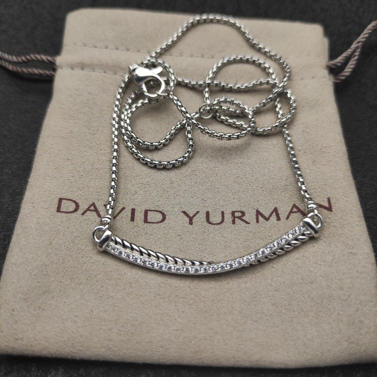 David Yurman Sterling Silver Crossover Bar Pendant Necklace with Diamonds 18″