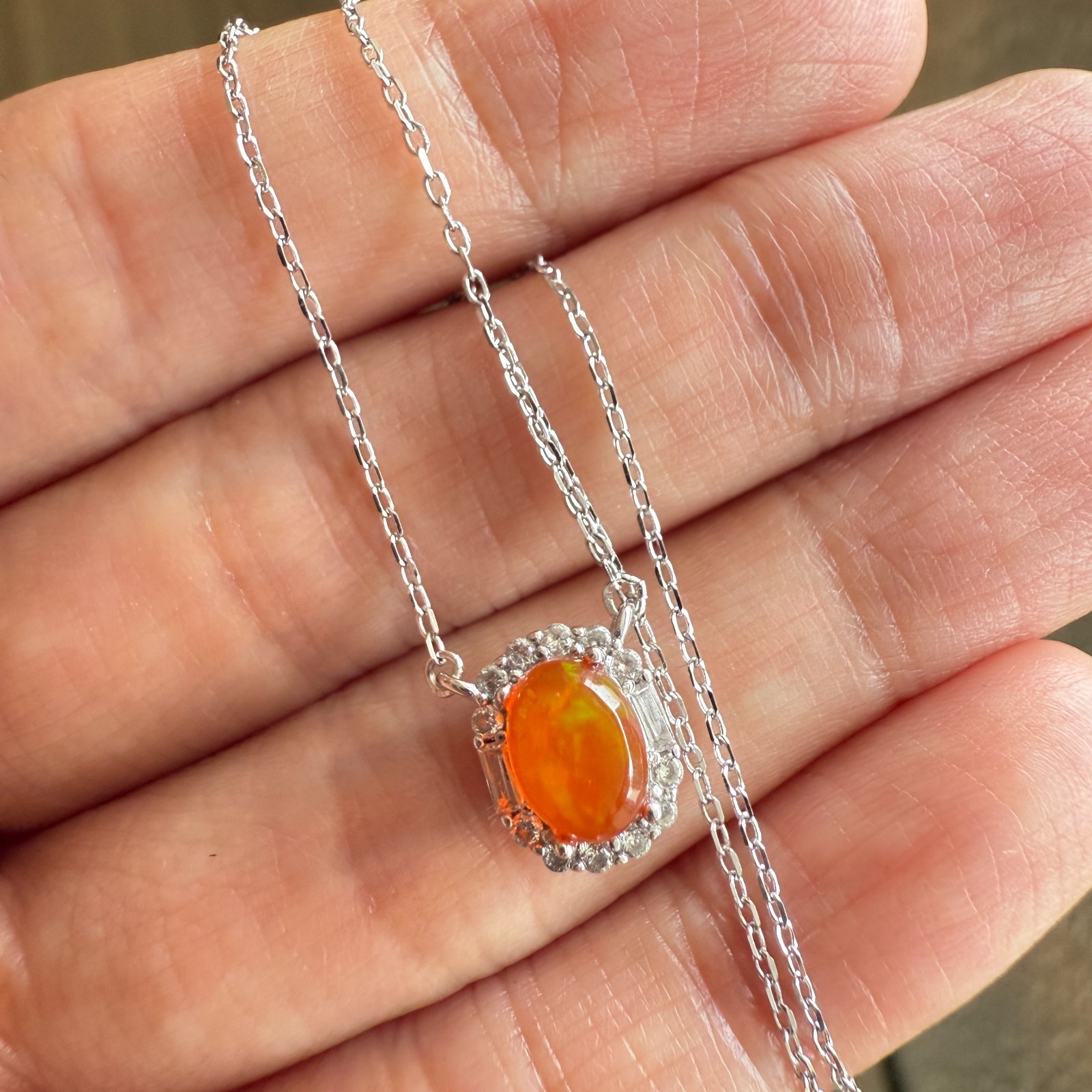 925 Sterling Silver Necklace 7x6mm Natural Fire Opal Gemstone Zircon Women Cute