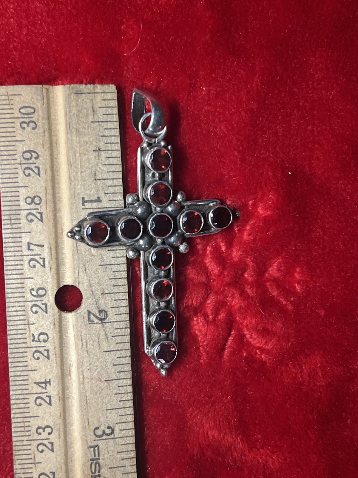 Silver Cross Pendant with Deep Red Stones Stamped 925 Sterling Silver