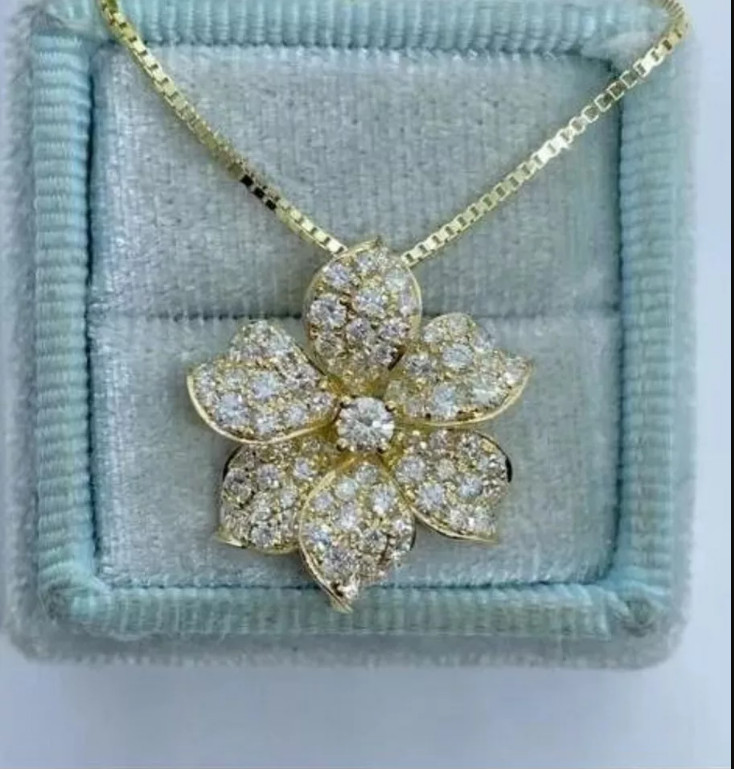 2.00 Ct Round Cut Lab Created Diamond Flower Pendant 14K Yellow Gold Finish