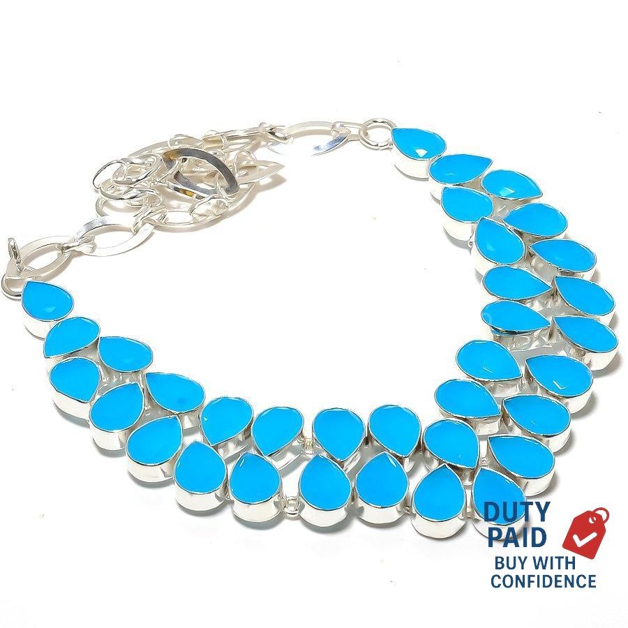 Genuine Blue Chalcedony Trendy Chain Unique Channel Set Hook Necklace 925 Silver