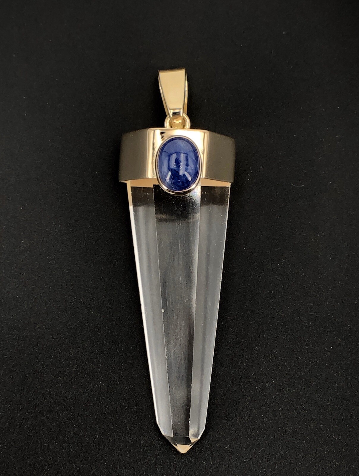 Unique 14k Gold Natural Quartz Point & Sapphire Pendant, 2.4″, New