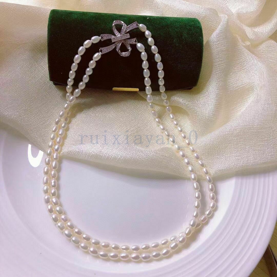 16-17in Two Strands 5-6mm AAA + Akoya Rice White Pearl Necklace Silver Clasp