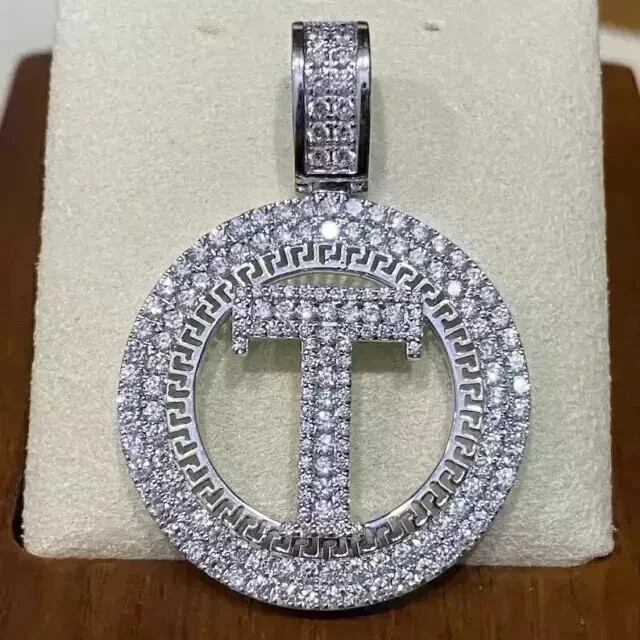 2.40Ct Round Cut Real Moissanite Custom “T” Letter Pendant 14K White Gold Plated