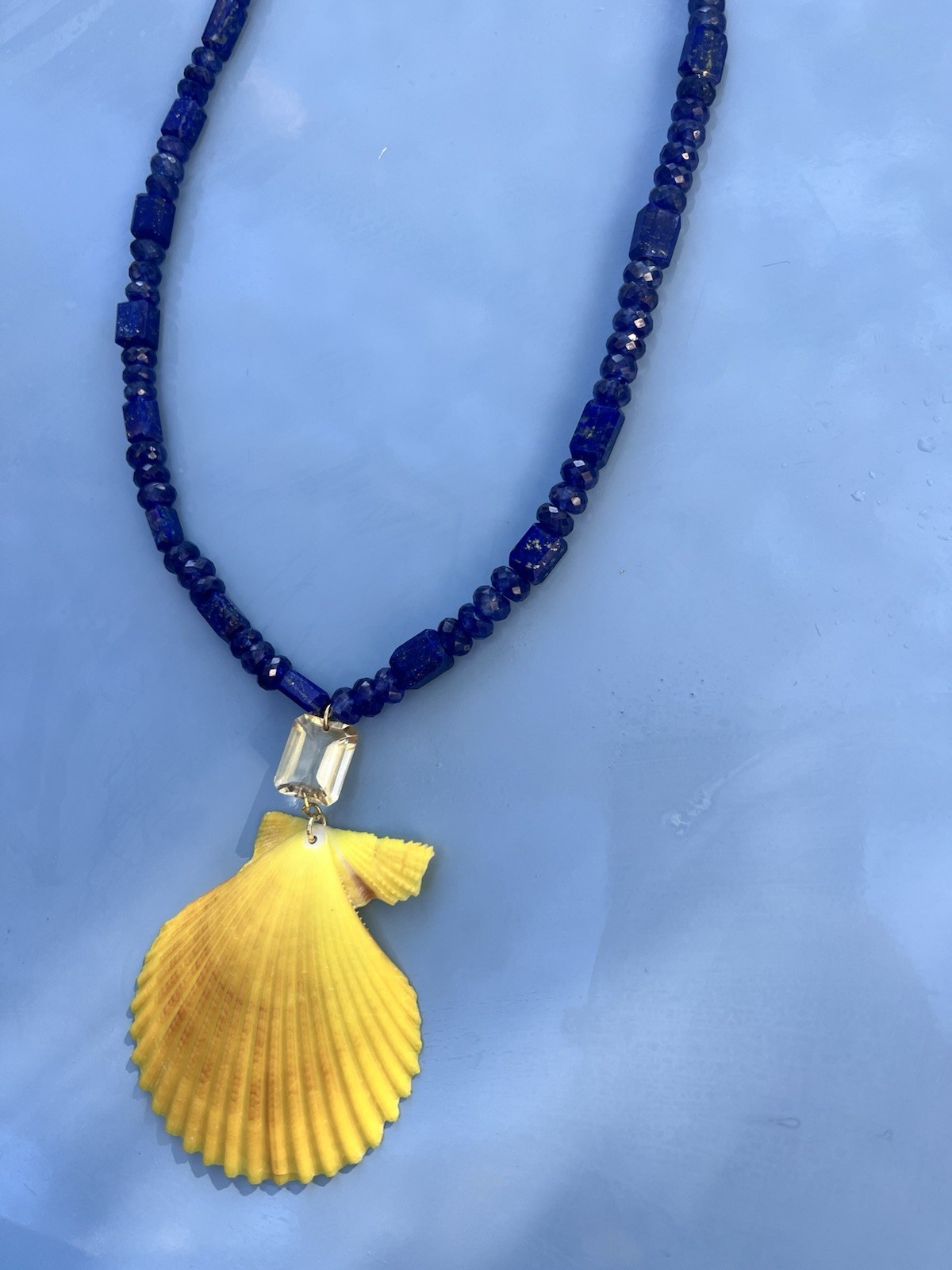 Lapis Kyanite Bead Necklace With Emerald Cut Citrine And Yellow Scallop Shell