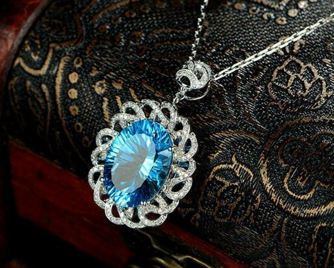 3.50Ct Oval Cut Blue Topaz Diamond Halo Pendant 14K White Gold Finish Free Chain