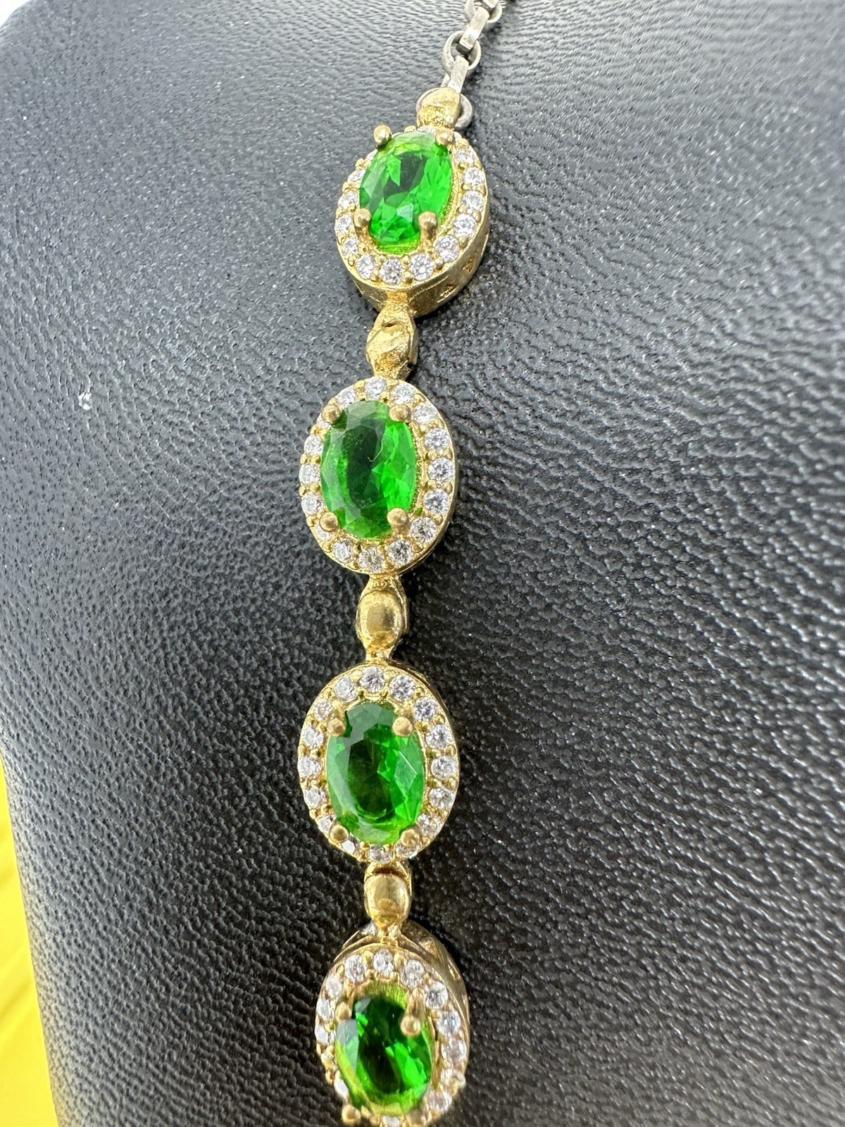 Sterling Silver Emerald & CZ Choker Tennis-Style Choker Necklace Chic 40g 18 In