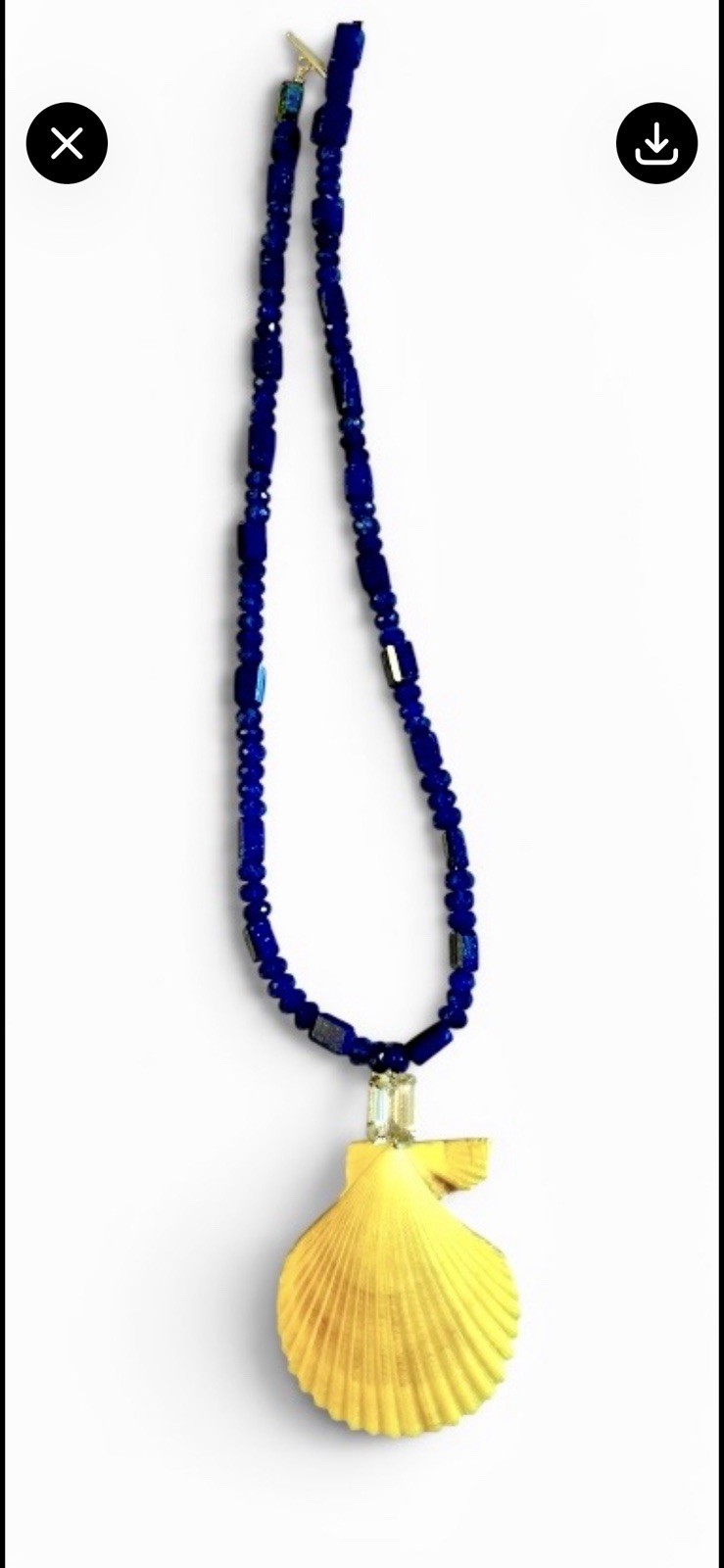 Lapis Kyanite Bead Necklace With Emerald Cut Citrine And Yellow Scallop Shell