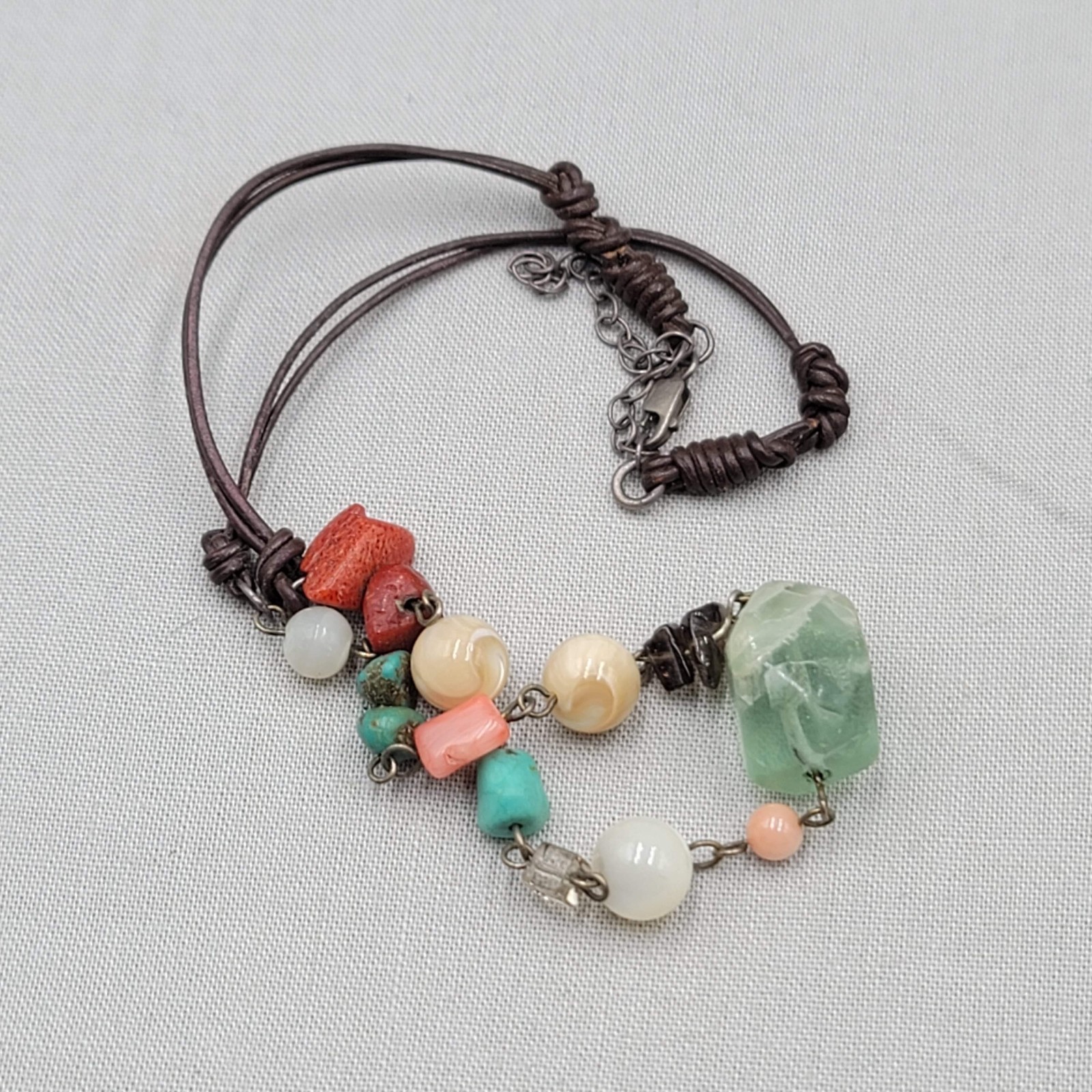 Multiple Gemstone Beads Sterling Silver 925 Necklace Leather Cord 15″