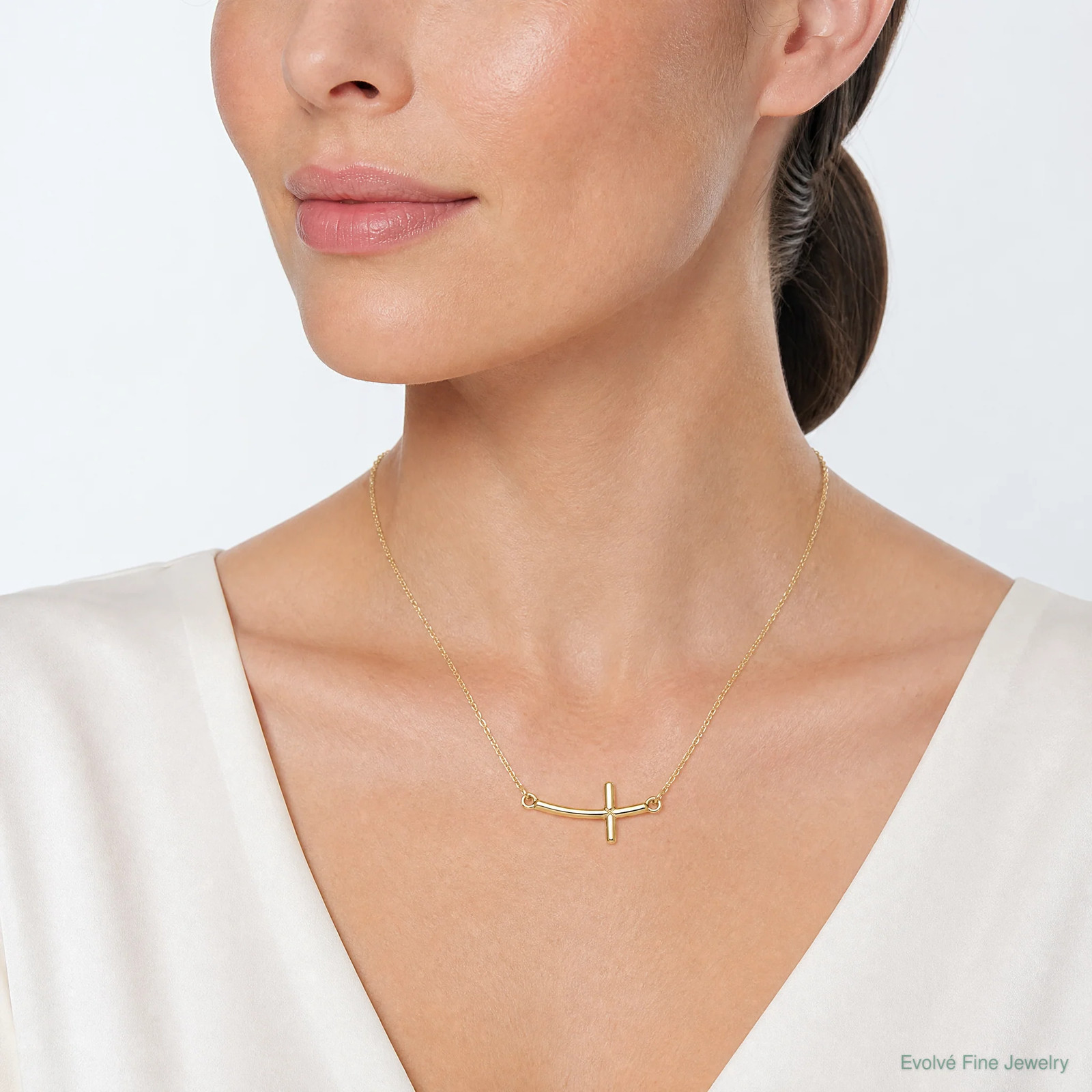Sterling Silver Yellow Gold-Plated Small Sideways Curved Cross Necklace