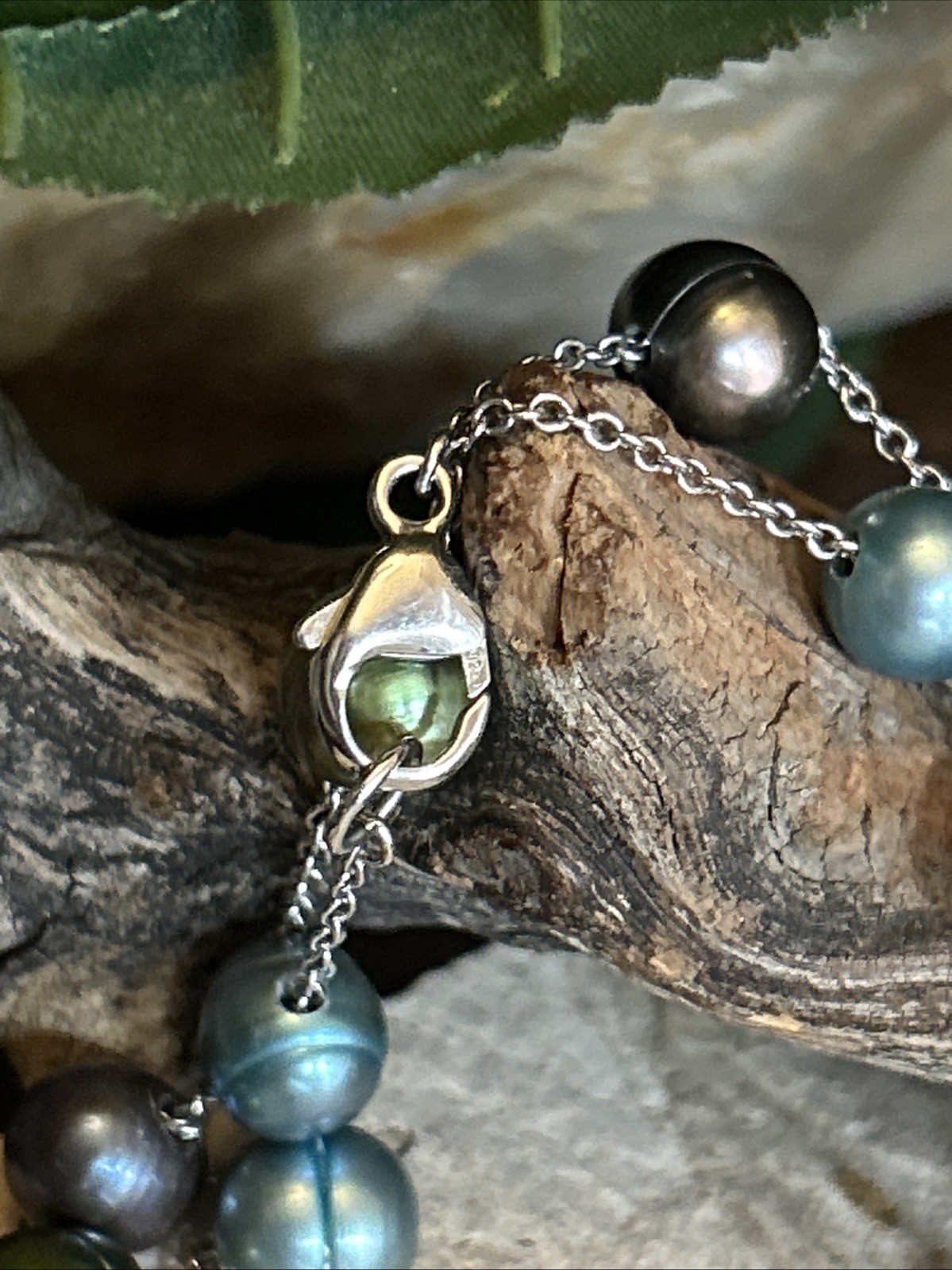 32. HONORA Sterling 925 Peacock Green Blue Pearl Station Necklace 36″, 26.7g