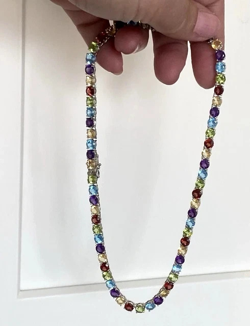 Multi Gemstone Lab Created Round Tennis Necklace 14k White Gold Plated 16″