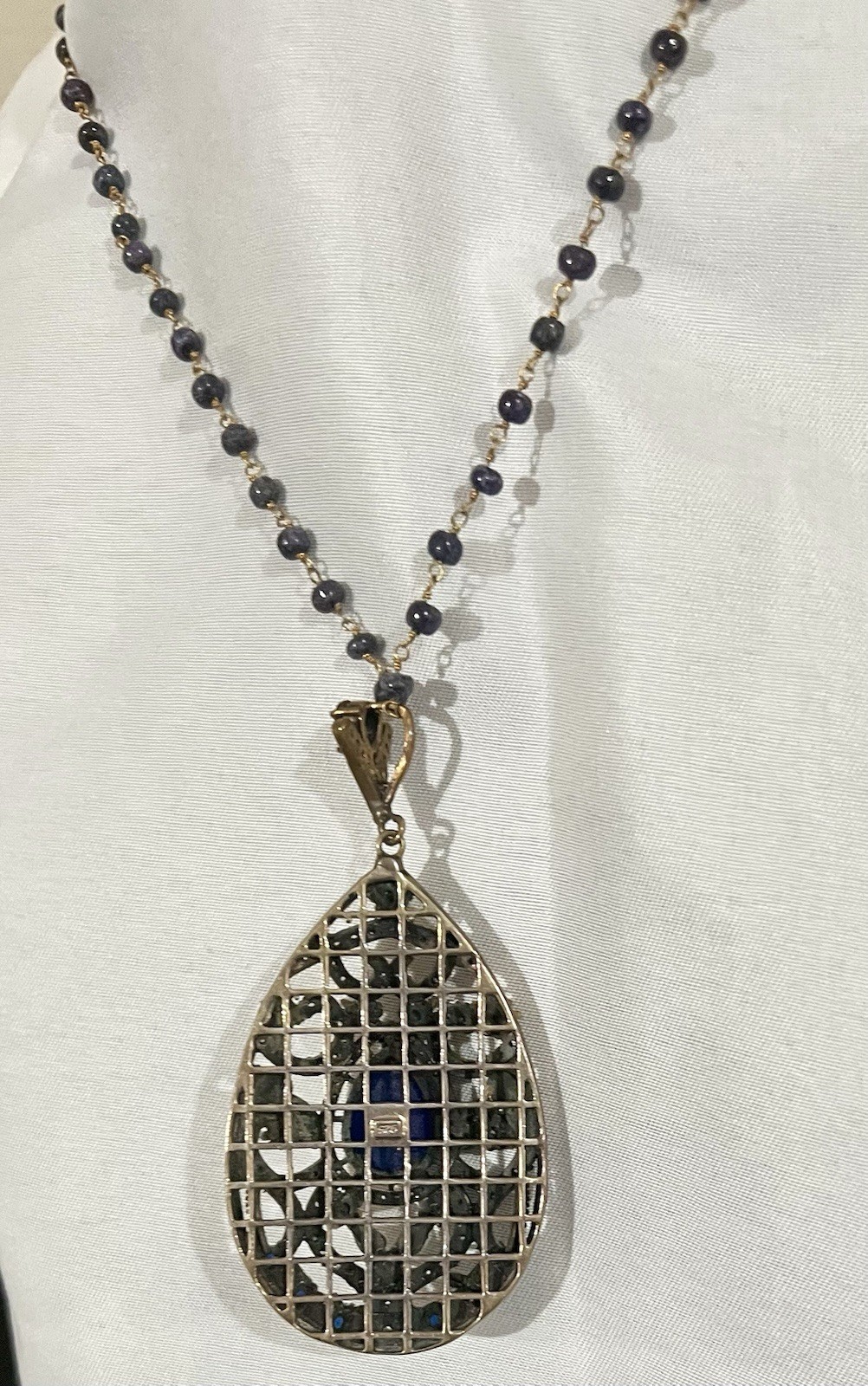 Turkish Necklace & Pendant Sterling Silver, Sapphire And Crystals w/ Bead Chain