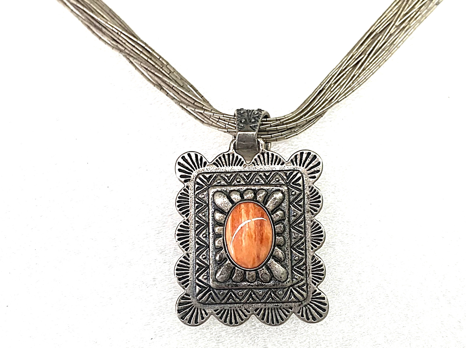 Multi-Strand Sterling Necklace & Tiger’s Eye Stone Pendant – 24″ – Hook Clasp