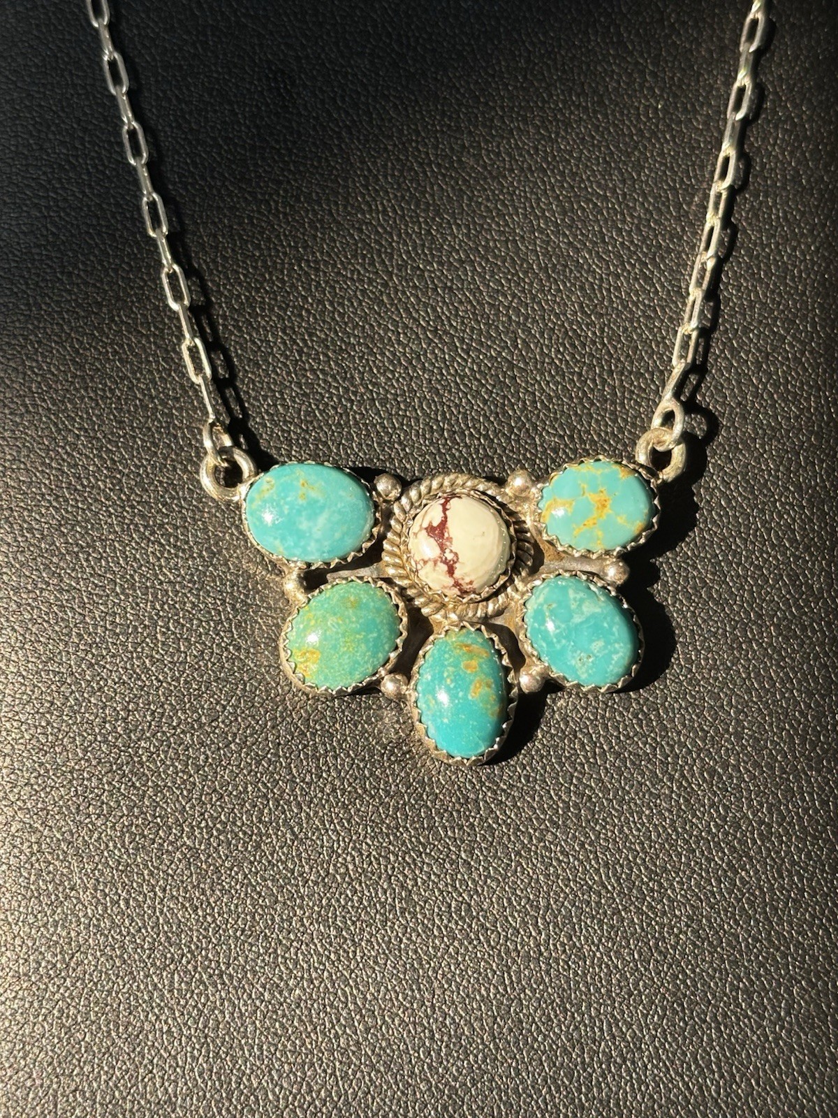 925 Sterling Silver Blue Turquoise Cluster Pendant Link Chain Necklace Signed