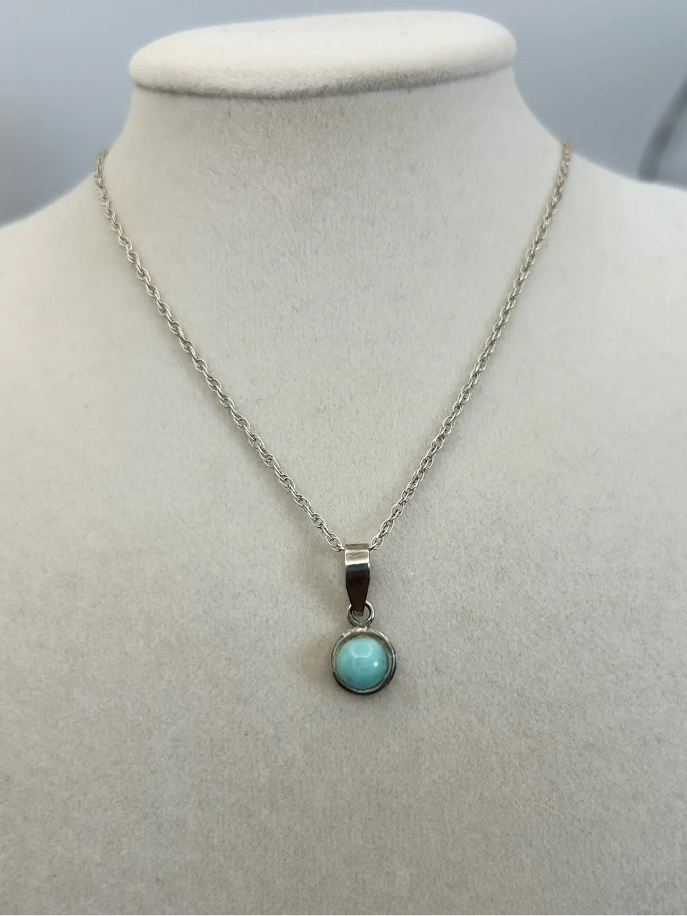 Sterling Silver Larimar Pendant Necklace 18″ Stamped 925 Soft Aqua Blue Stone