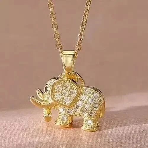 1.50Ct Round Cut Real Moissanite Elephant Women’s Pendant 14K Yellow Gold Plated