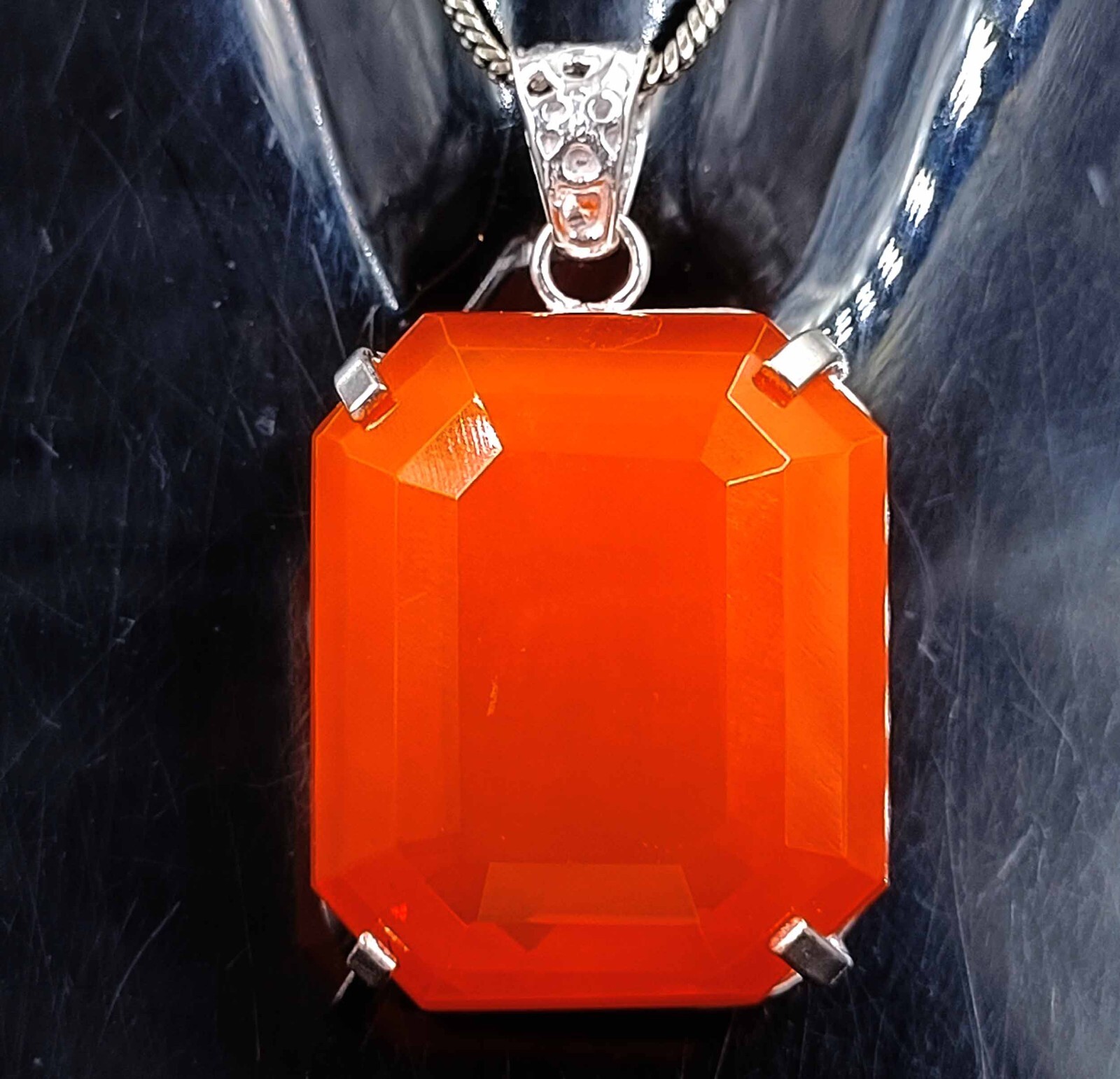 142 Ct IGL Certified Orange Opal Emerald Cut Pendant With Sliver Chain Free KKR