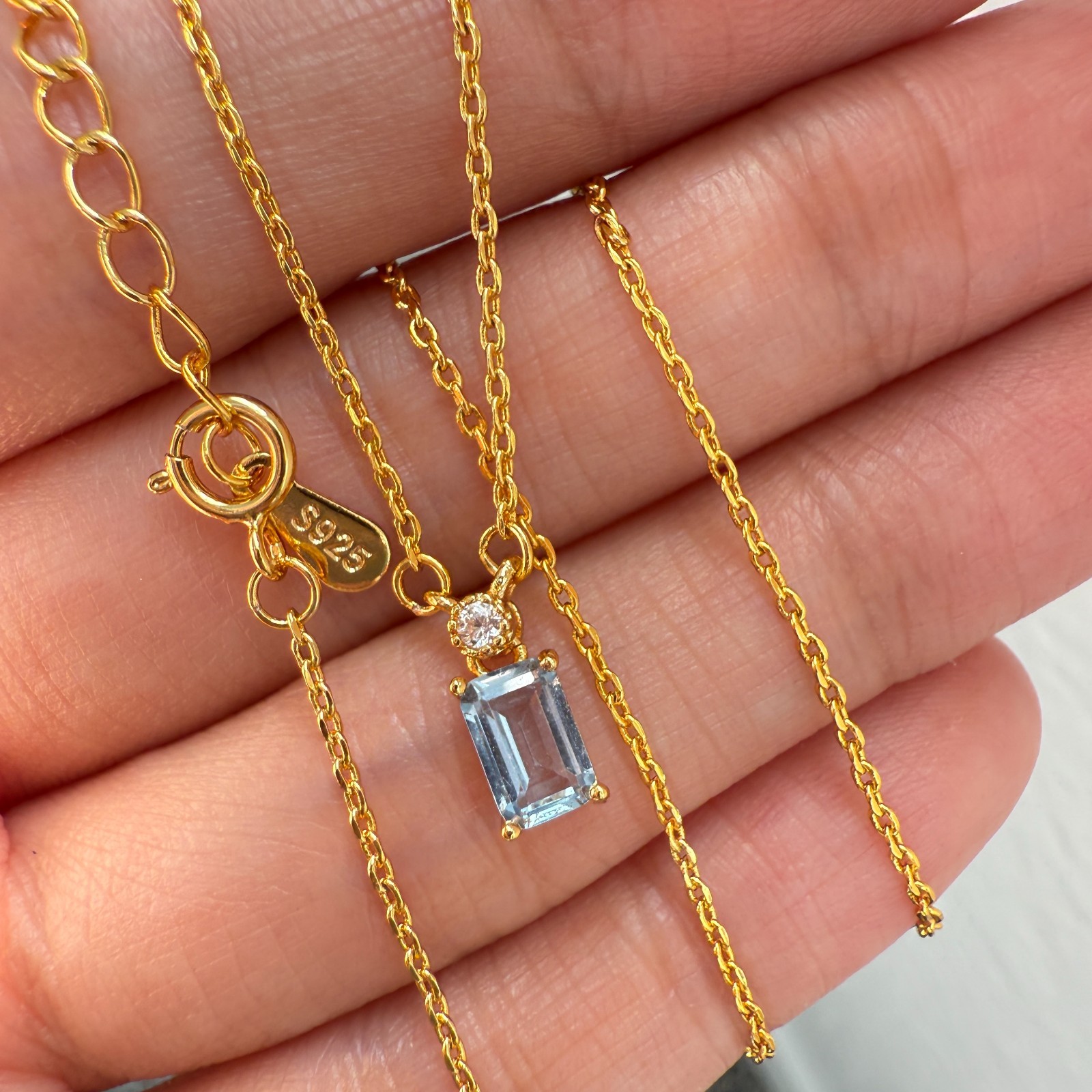 925 Sterling Silver Necklace 6x4mm Natural Blue Aquamarine 14K Gold Plated Chain