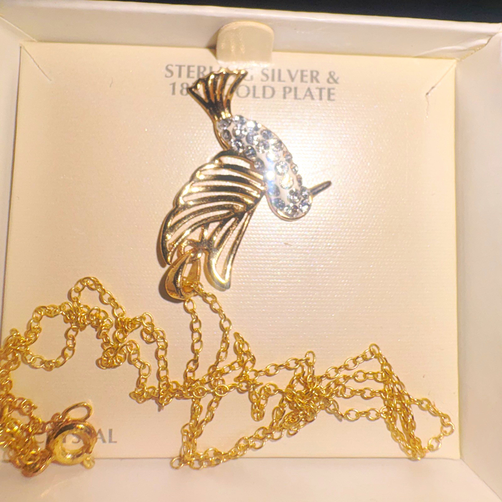 925 Sterling Silver 18K Gold Plated Crystal Hummingbird Charm Pendant Necklace