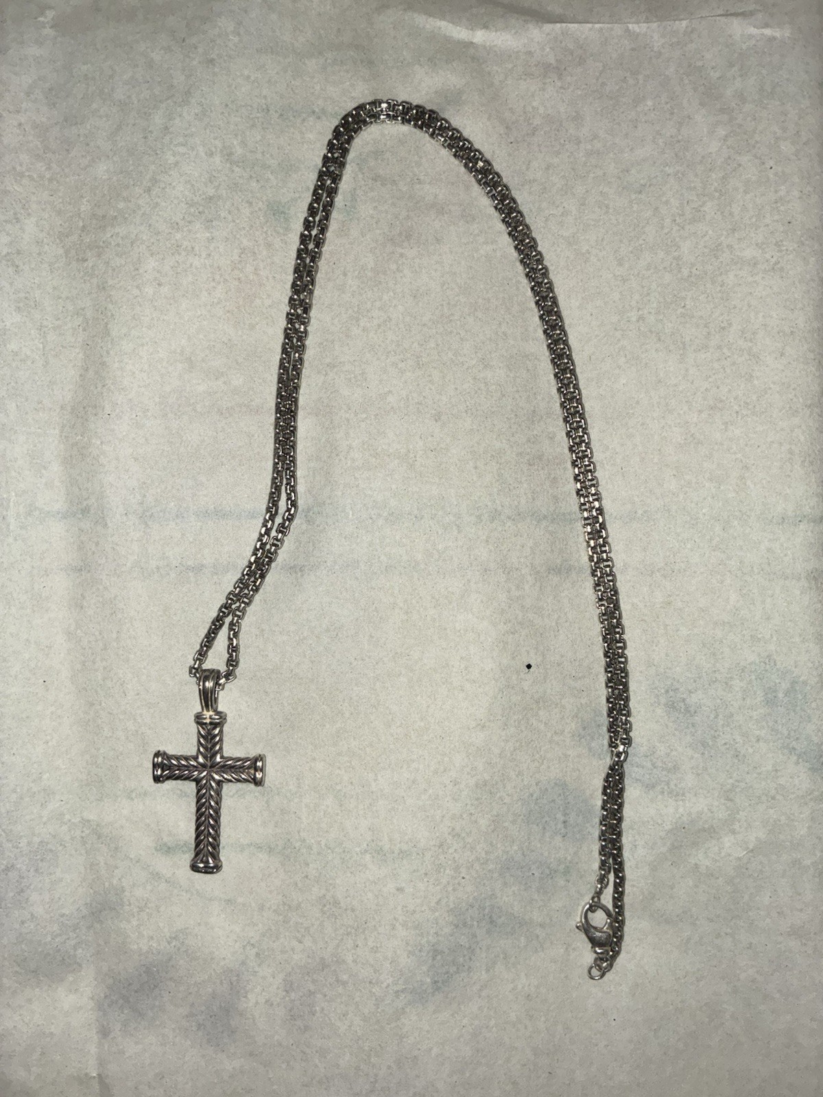David Yurman 925 Sterling Silver Cross Charm Pendant Box Chain Necklace 2.7mm