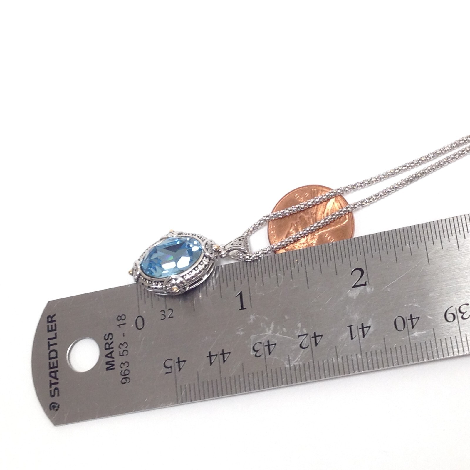 FD 925 Sterling Silver Blue Crystal Pendant Popcorn Chain Necklace 17.5″ Jewelry