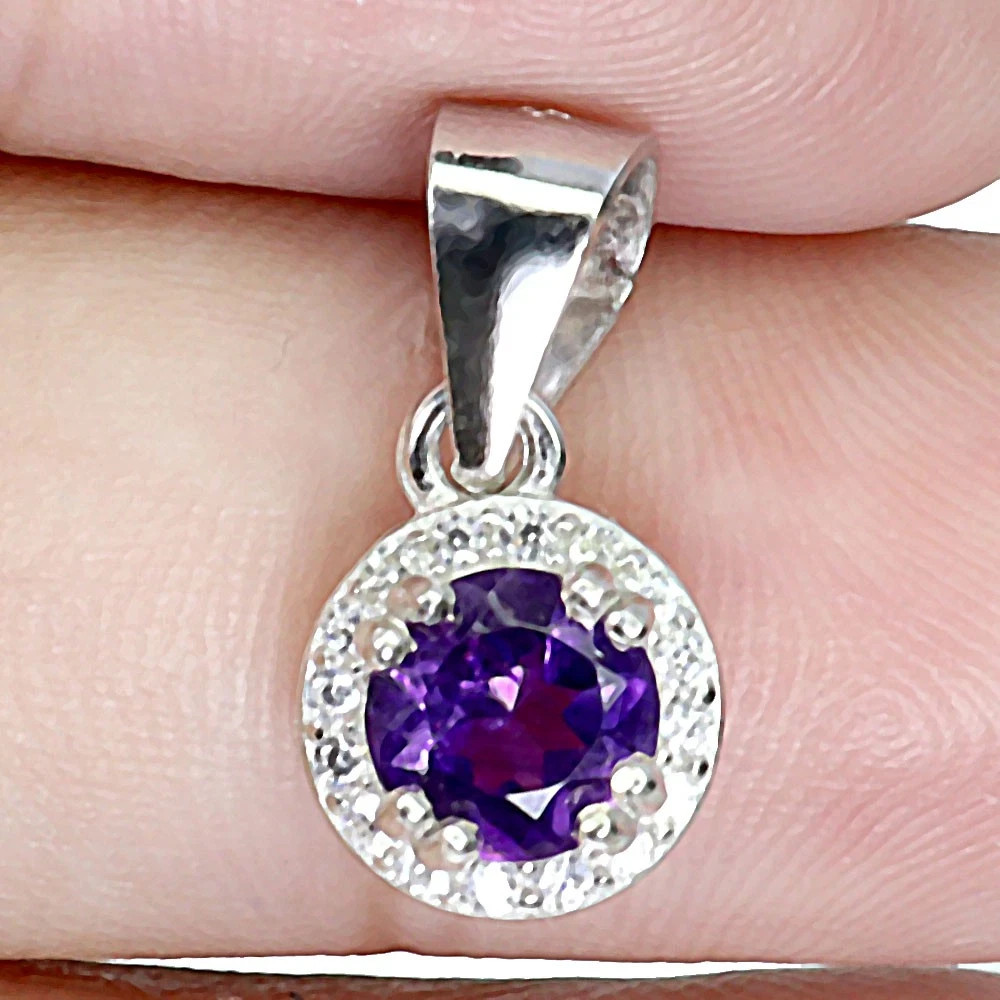 Natural Round Purple Amethyst Halo Pendant Charm 925 Sterling Silver 14K Plated