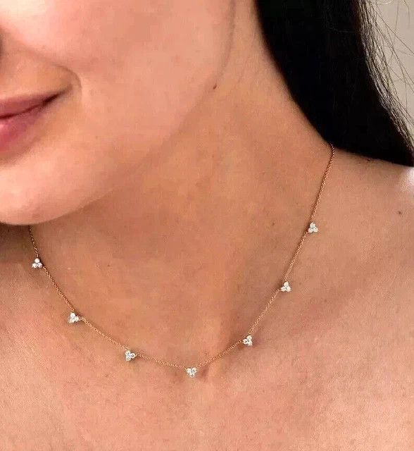 1Ct Round Cut White Moissanite Women’s Chain Necklace 14K Yellow Gold Plated