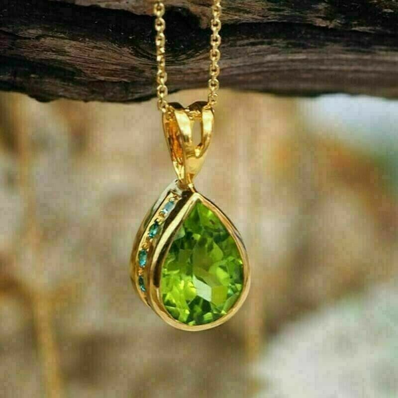 2Ct Pear Cut Green Peridot Solitaire Pendant 14K Yellow Gold Finish Free Chain