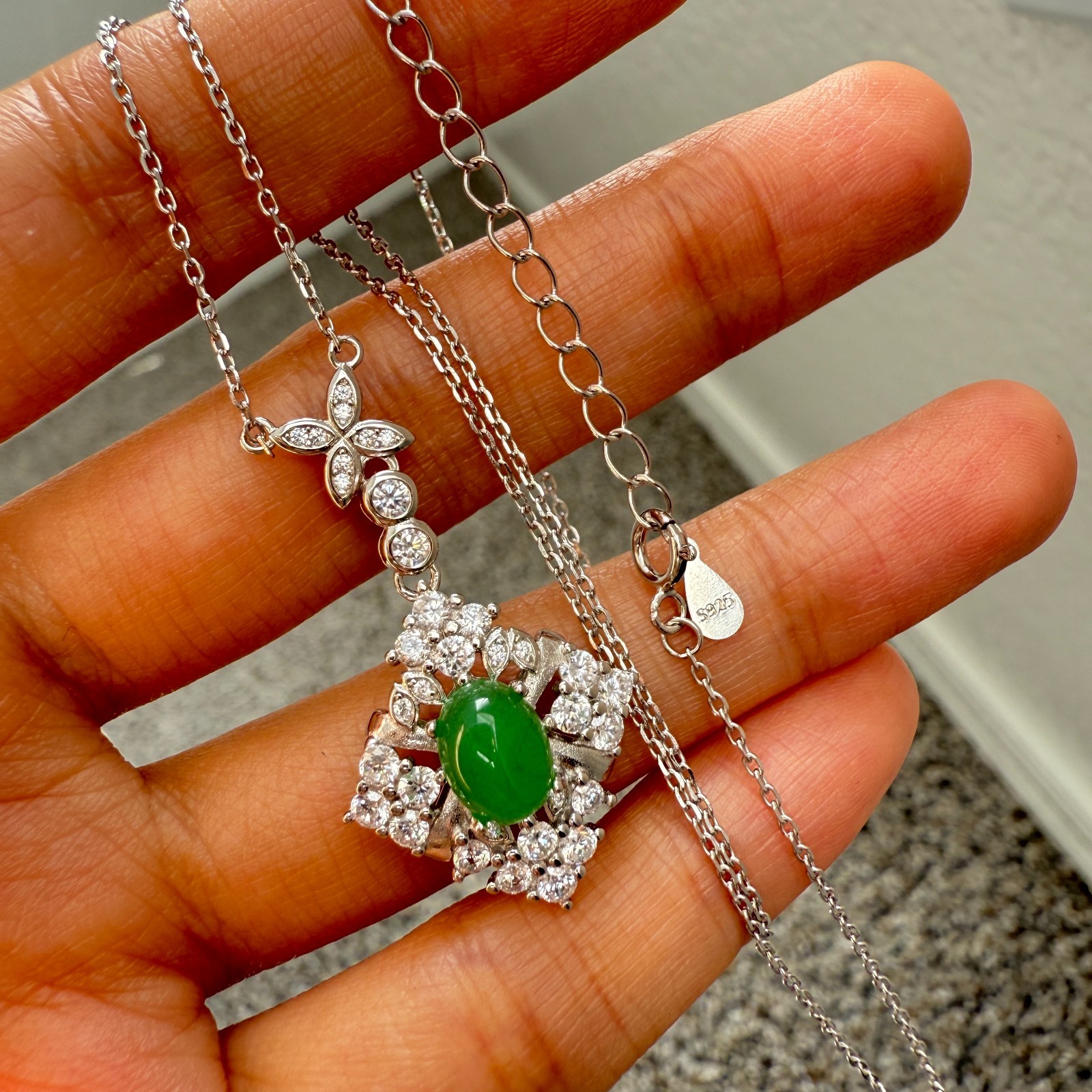 925 Sterling Silver Necklace 8x6mm Natural Emerald Gemstone Zircon Flower Chain