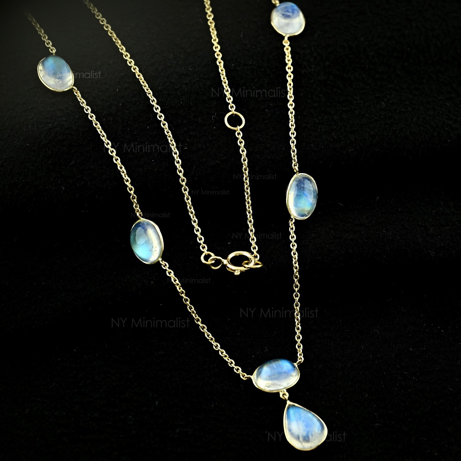 Solid 14K Yellow Gold Genuine Rainbow Moonstone Charm Necklace June Birthstone
