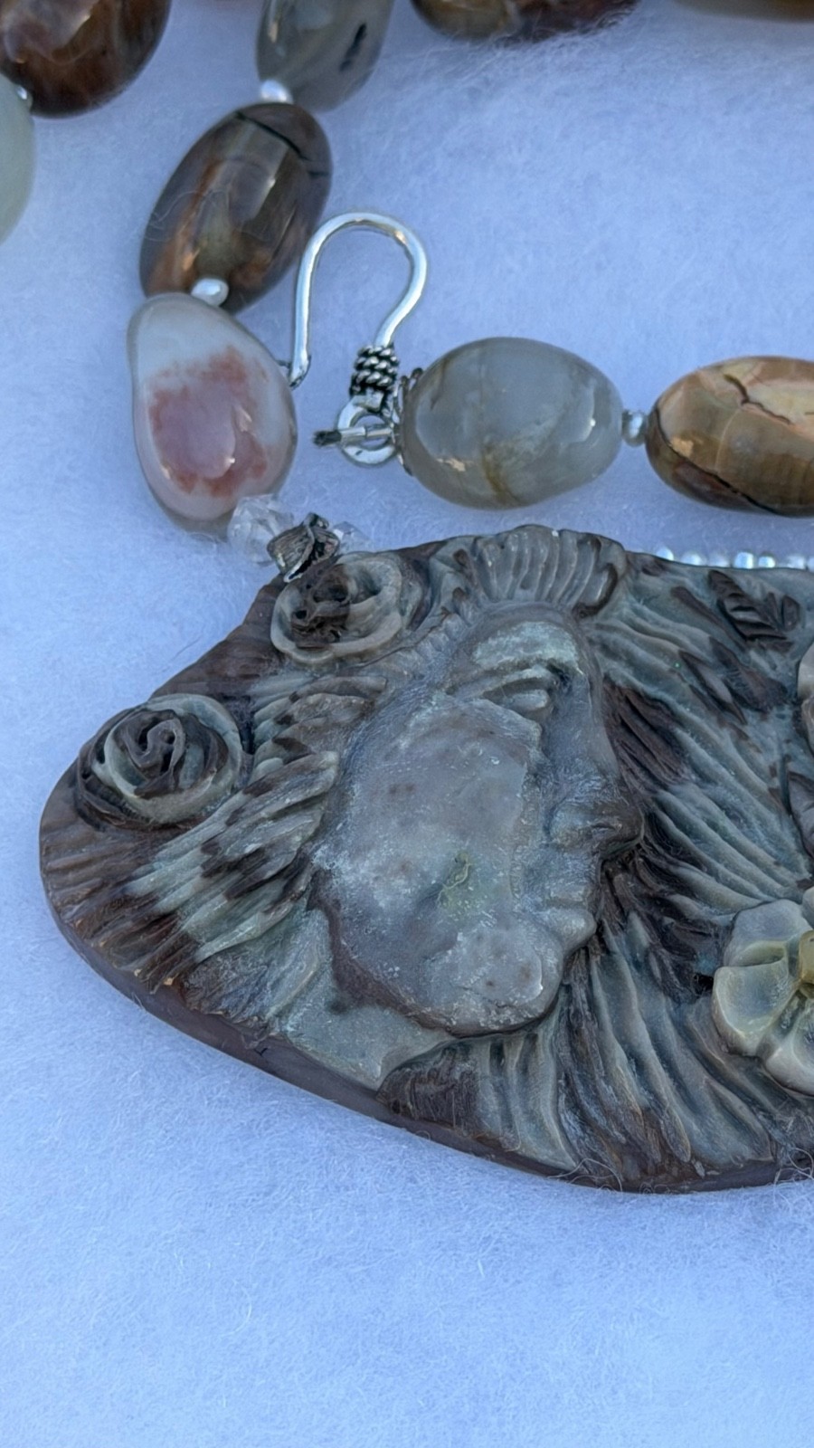 HAND CARVED EARTH MOTHER POLYCHROME JASPER PENDANT NECKLACE AND EARRING SET