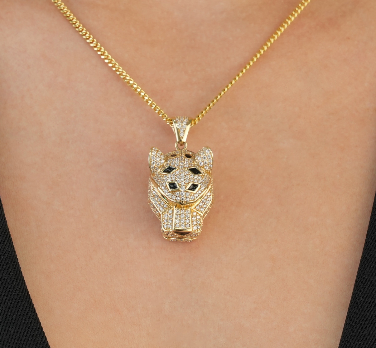 Real 14K Solid Yellow Gold Iced Panther Head Pendant CZ Black Enamel Jaguar