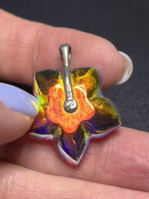 B6740 Signed Flower Pendant Sterling Silver Iridescent Crystal Aurora Borealis