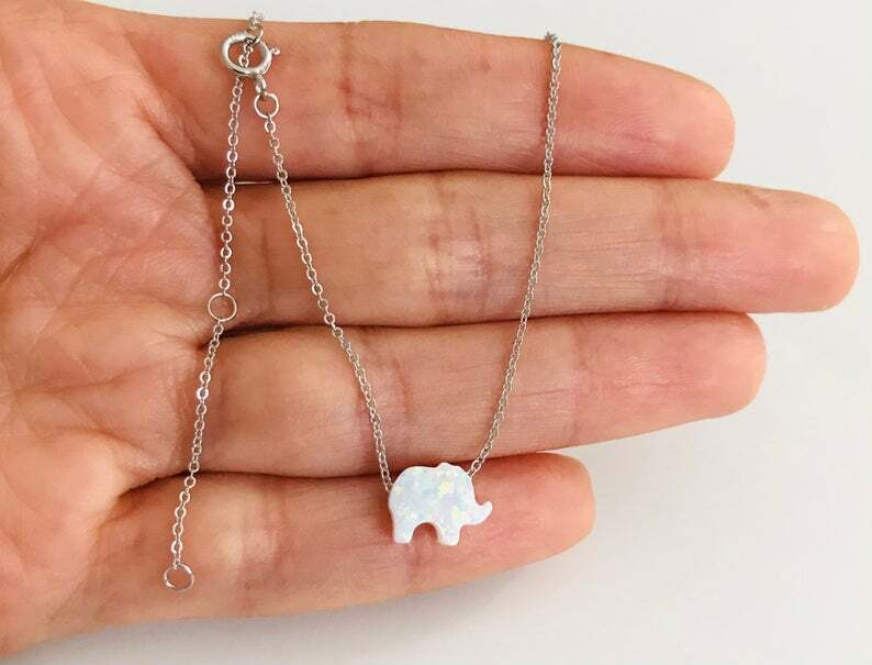 925 SILVER WHITE OPAL ELEPHANT LUCKY NECKLACE, STERLING SILVER NECKLACE -ESN36