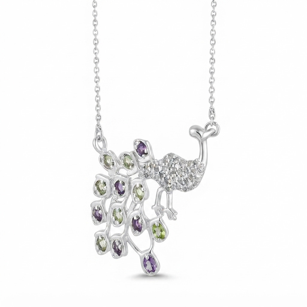 Amethyst Peridot & White Topaz Peacock Necklace Bird Pendant For Women
