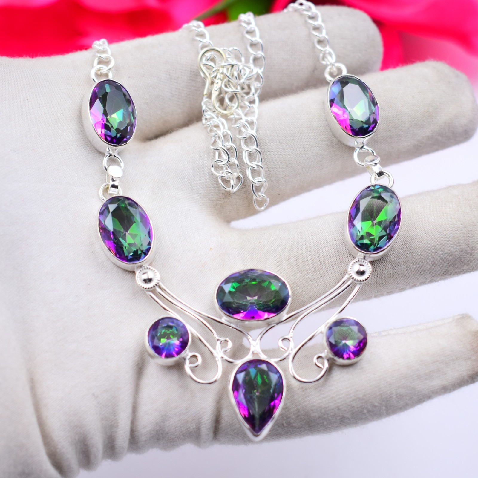 Mystic Topaz Gemstone Handmade 925 Sterling Silver Jewelry Necklace Size-17-18″