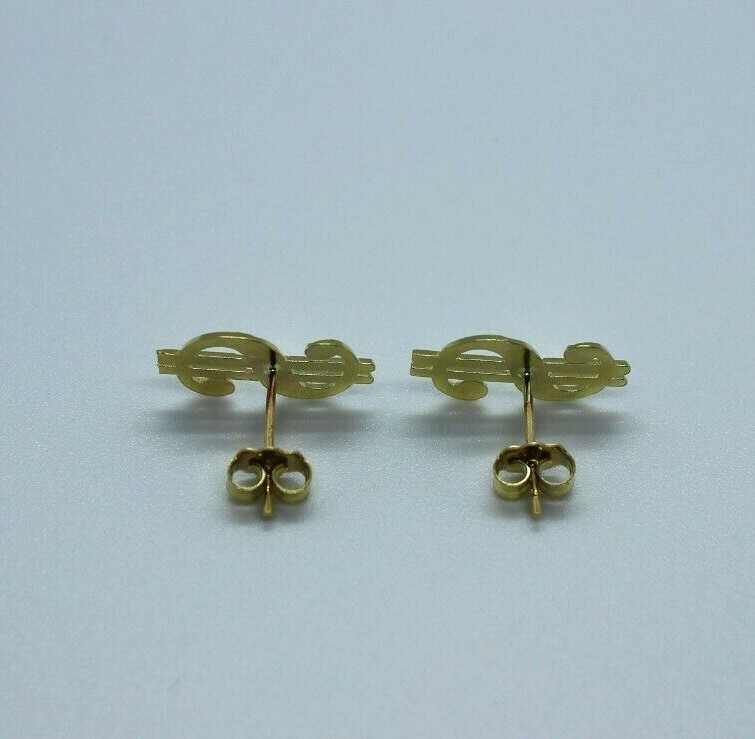 10K Solid Yellow Gold Dollar $ Sign Money Stud Earring Push Back 2 Size