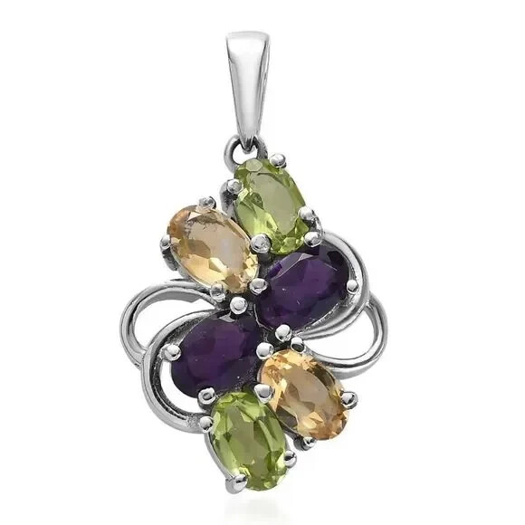 Multi Gemstone Cluster Pendant Womens in Stainless Steel 2.50 ctw